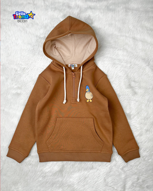 Brown cute duck printed winter hoodie for children premium quality.