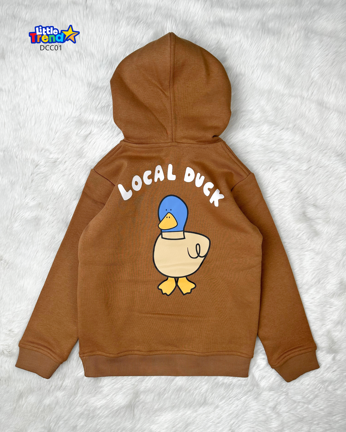 Brown cute duck printed winter hoodie for children premium quality.