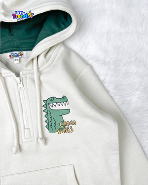 White crocodile print hoodie for kids mid winter collection.