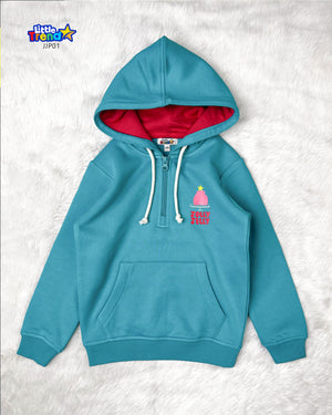 Teal blue jolly jelly cake print hoodie for girls and boys.