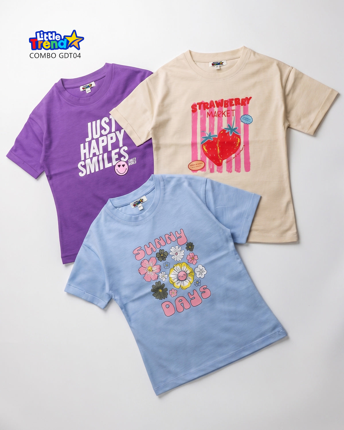 3'pcs Girls Drop Shoulder Printed T-Shirt Combo GDT04