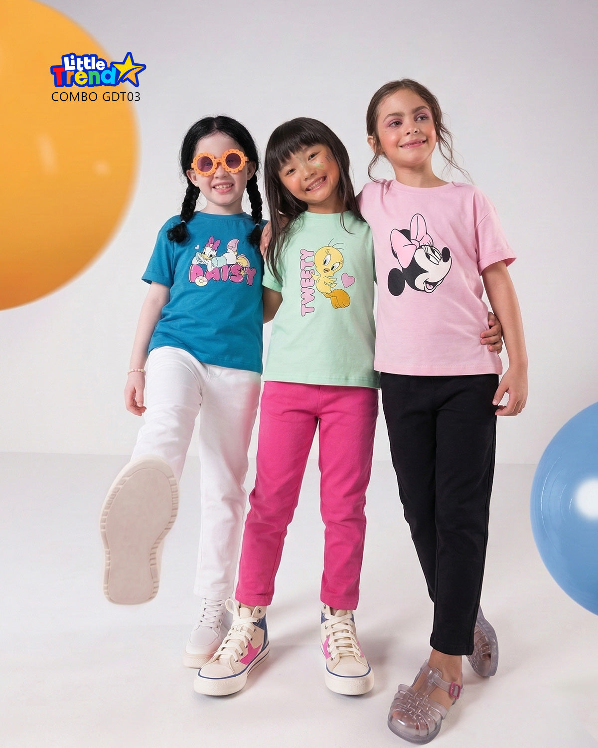 3'pcs Girls Drop Shoulder Printed T-Shirt Combo GDT03