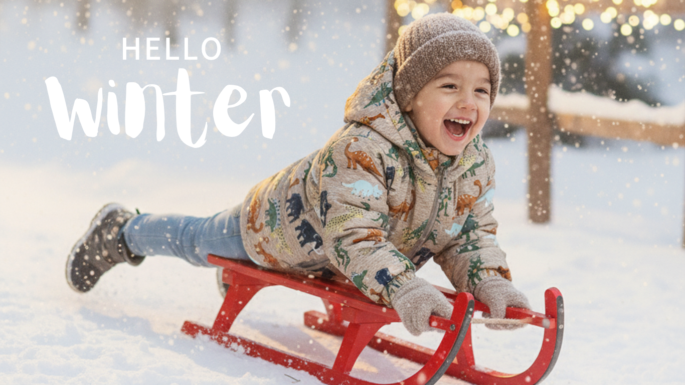 Child in a snowsuit sliding on a red sled with 'Hello Winter' text in the background