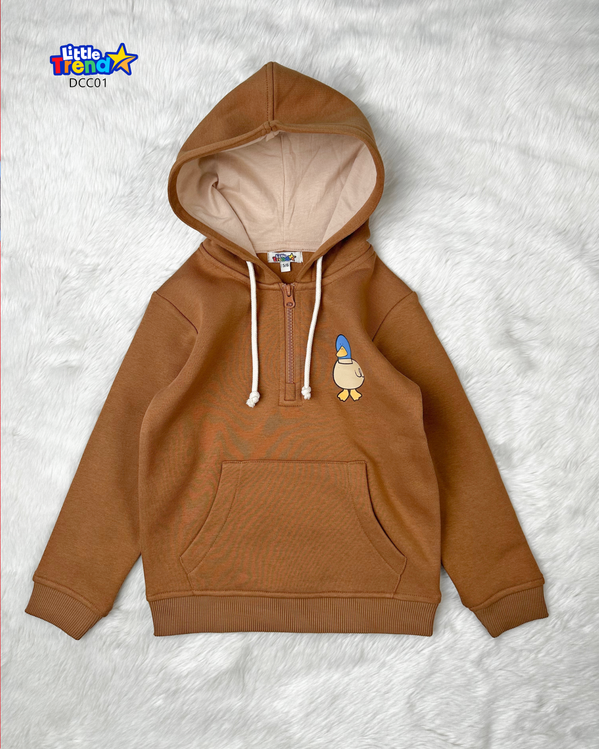 Brown cute duck printed winter hoodie for children premium quality.