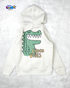 White crocodile print hoodie for kids mid winter collection.