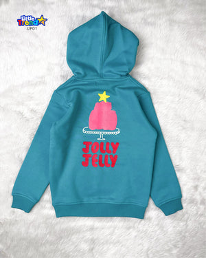 Teal blue jolly jelly cake print hoodie for girls and boys.