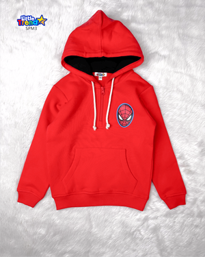 Red spider man hoodie for kids with zipper front and kangaroo pocket by Little Trendstar.