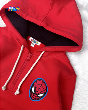 Red spider man hoodie for kids with zipper front and kangaroo pocket by Little Trendstar.