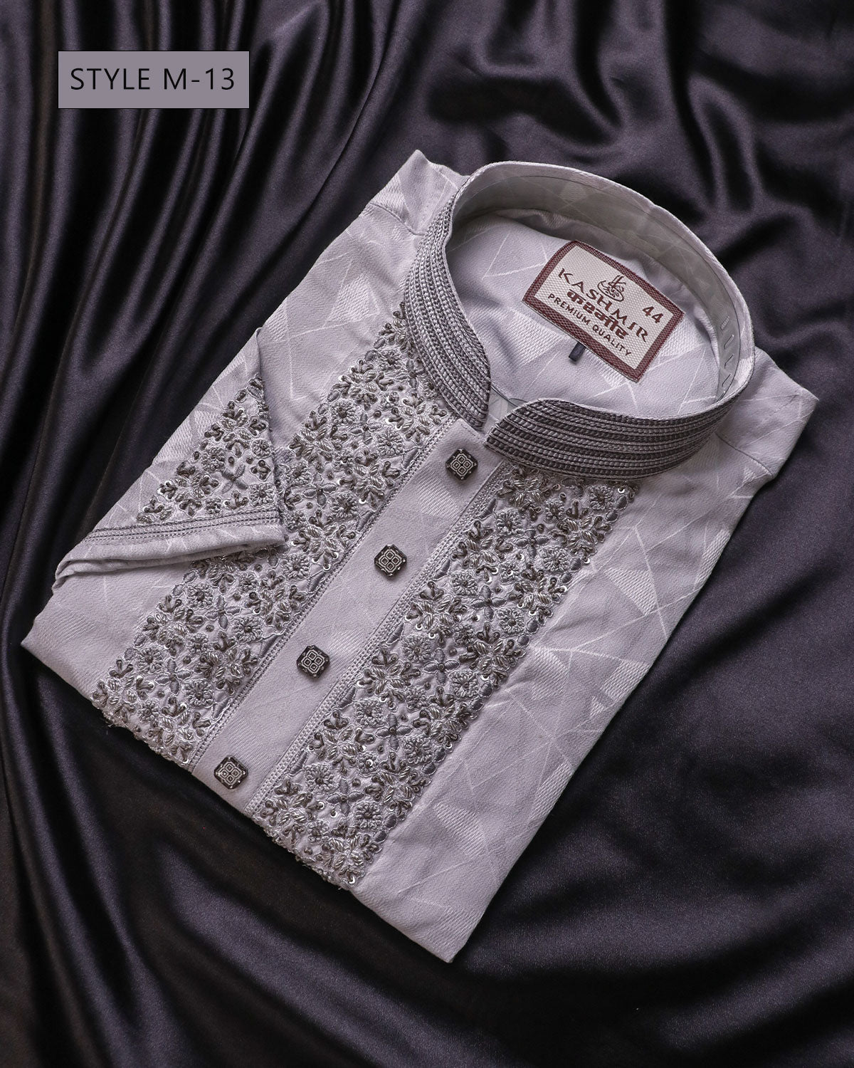Mens Premium Silver Grey Embroidered Panjabi - Style M-13