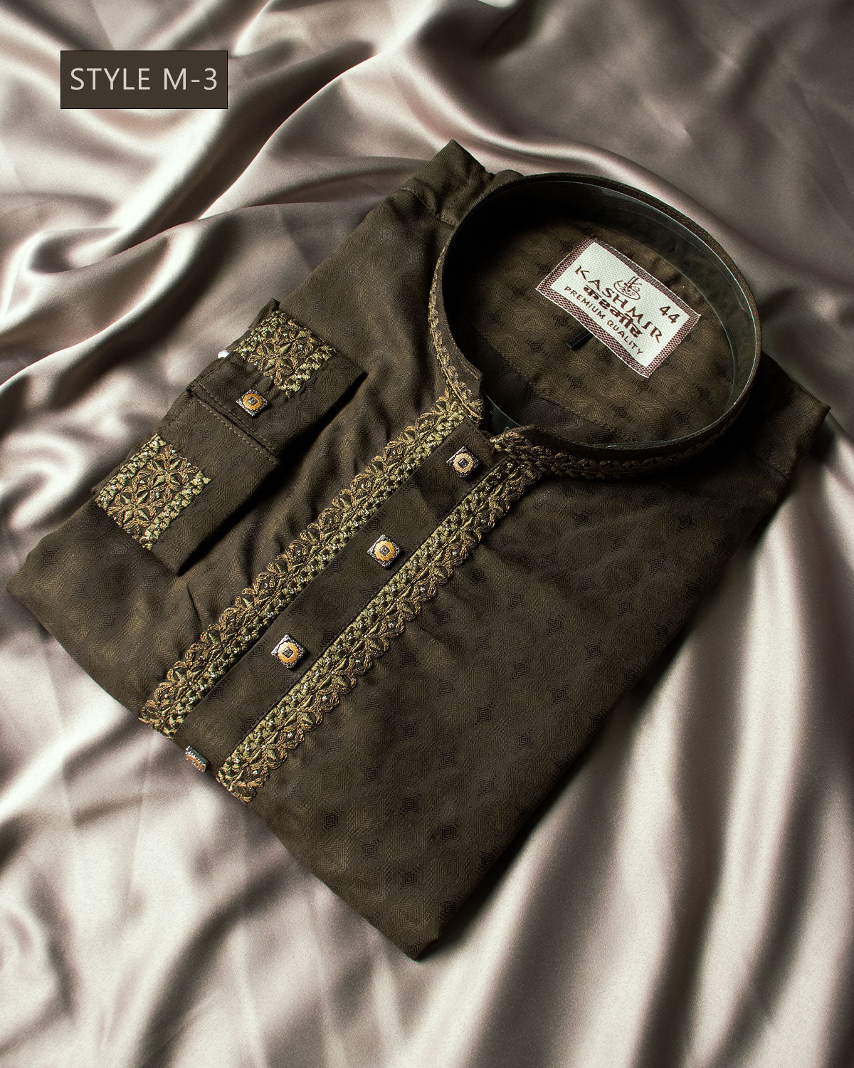 Mens Premium Olive Green Embroidered Panjabi - Style M-3
